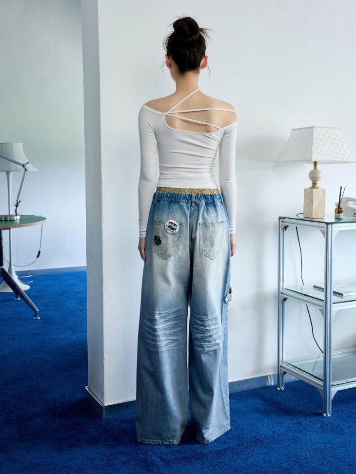 1JINN STUDIO Hand Dyed Vintage Washed Low Rise Loose Casual Cotton Washed Blue Wide Leg Jeans