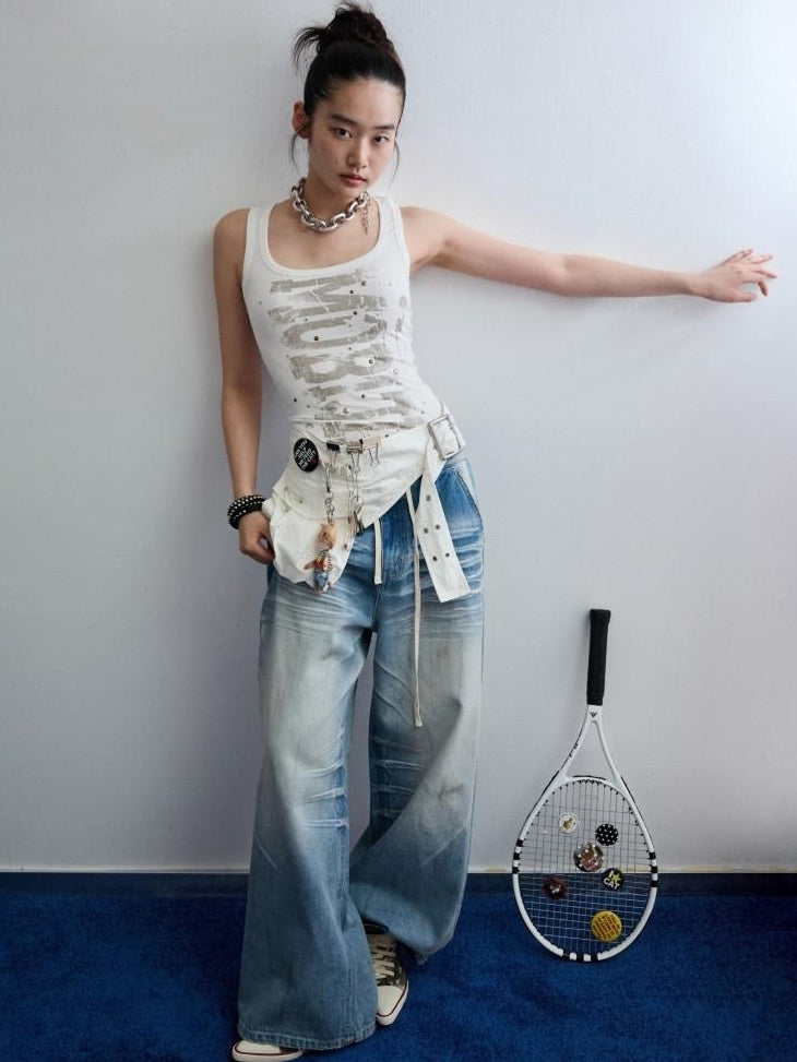 1JINN STUDIO Hand Dyed Vintage Washed Low Rise Loose Casual Cotton Washed Blue Wide Leg Jeans