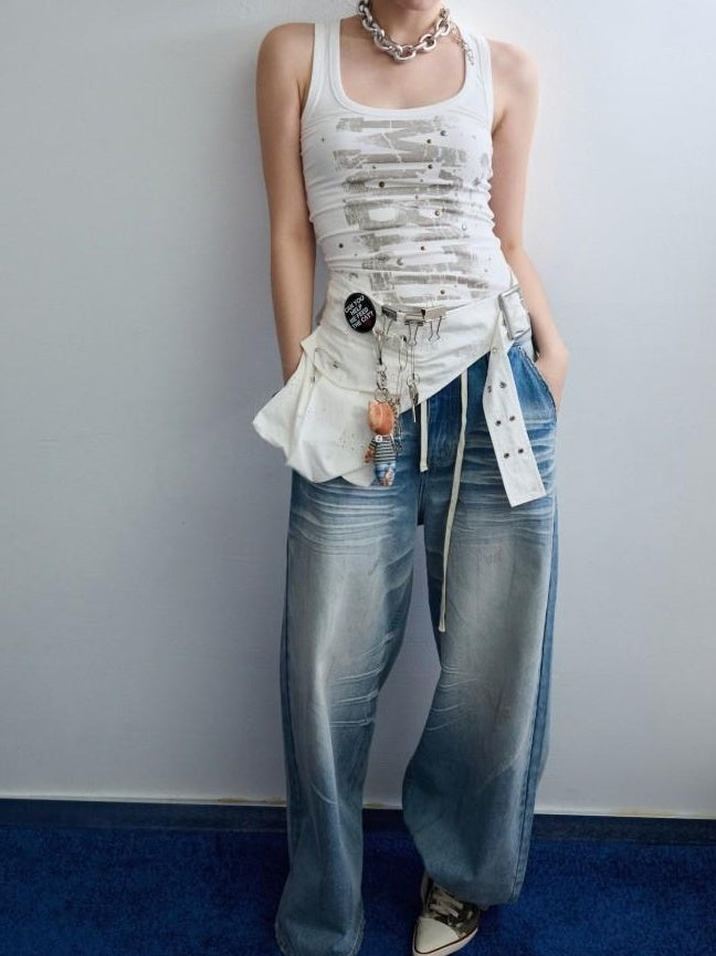 1JINN STUDIO Hand Dyed Vintage Washed Low Rise Loose Casual Cotton Washed Blue Wide Leg Jeans
