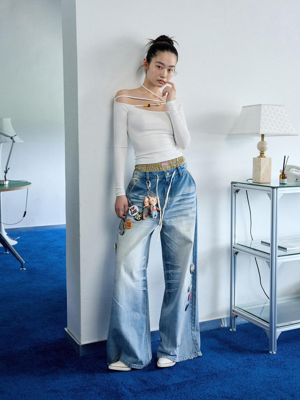1JINN STUDIO Hand Dyed Vintage Washed Low Rise Loose Casual Cotton Washed Blue Wide Leg Jeans