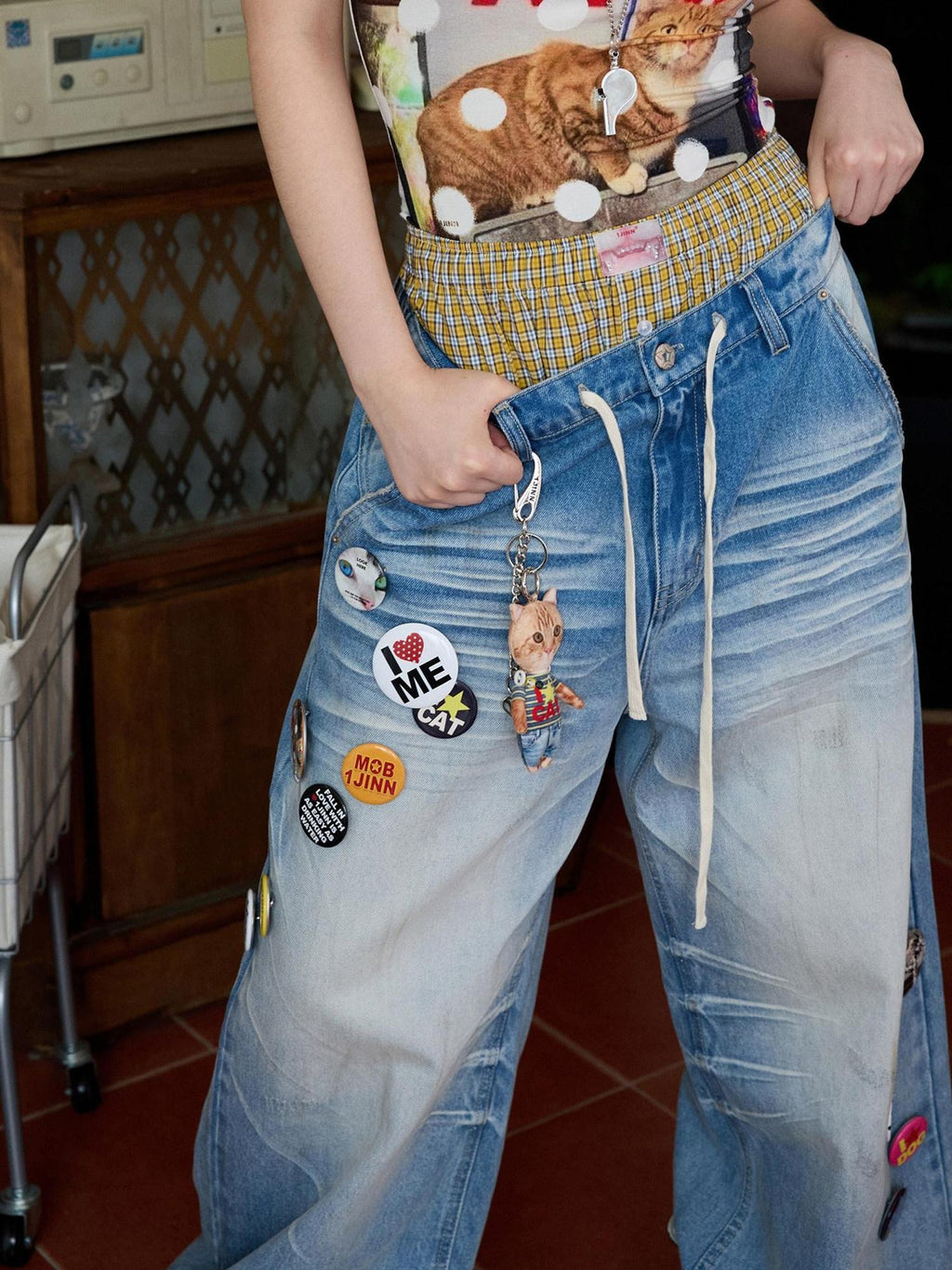 1JINN STUDIO Hand Dyed Vintage Washed Low Rise Loose Casual Cotton Washed Blue Wide Leg Jeans