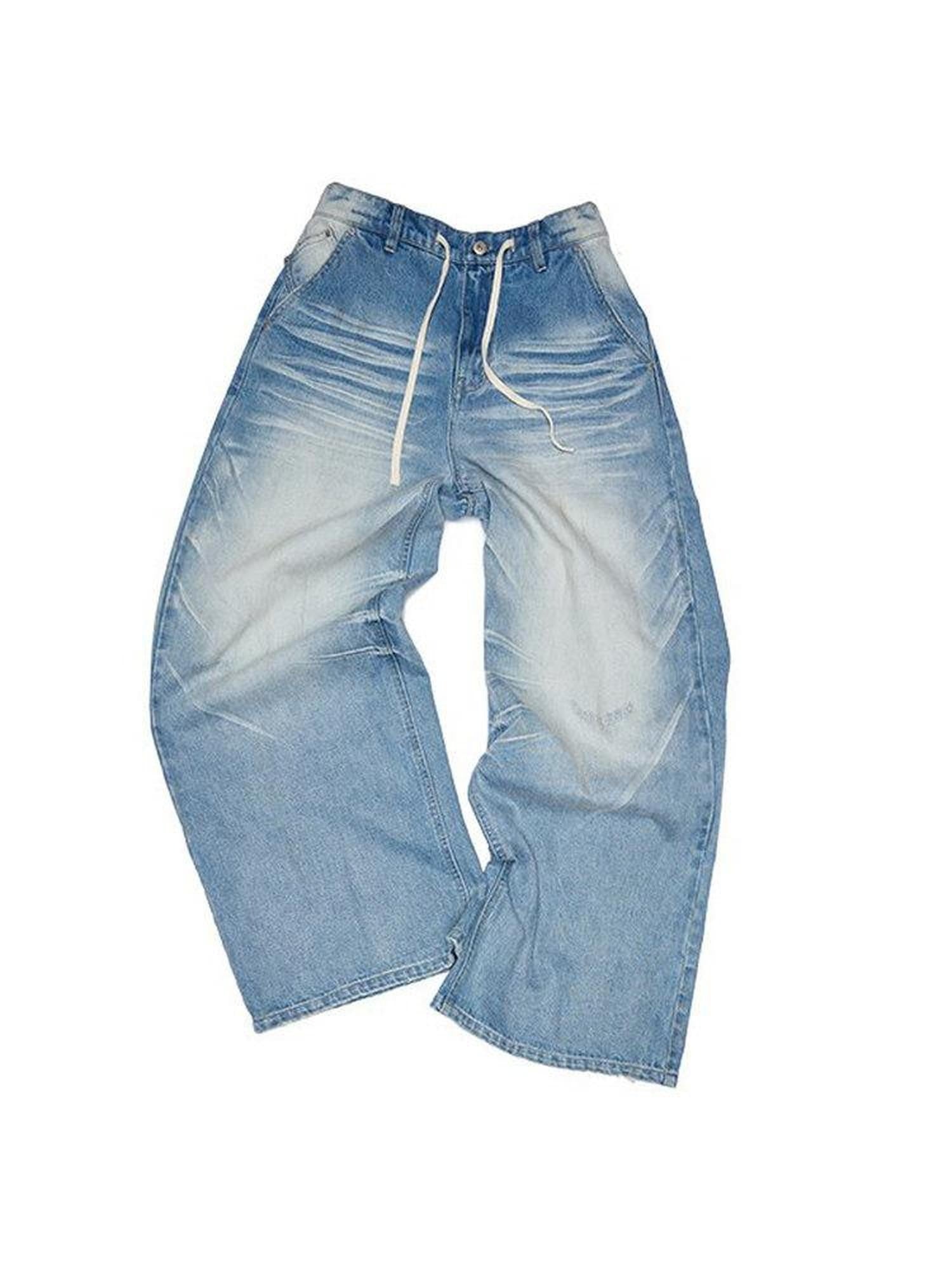 1JINN STUDIO Hand Dyed Vintage Washed Low Rise Loose Casual Cotton Washed Blue Wide Leg Jeans
