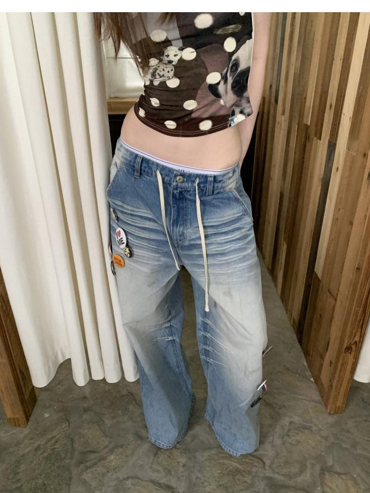 1JINN STUDIO Hand Dyed Vintage Washed Low Rise Loose Casual Cotton Washed Blue Wide Leg Jeans