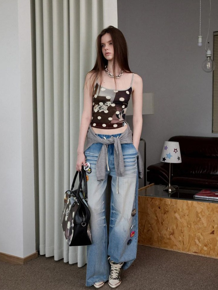 1JINN STUDIO Hand Dyed Vintage Washed Low Rise Loose Casual Cotton Washed Blue Wide Leg Jeans