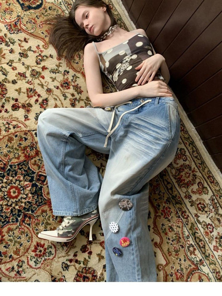 1JINN STUDIO Hand Dyed Vintage Washed Low Rise Loose Casual Cotton Washed Blue Wide Leg Jeans