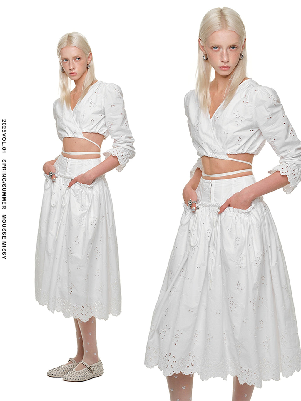 1JINN STUDIO High Waist Cotton Flared Slim Fit Workwear White Midi Skirts