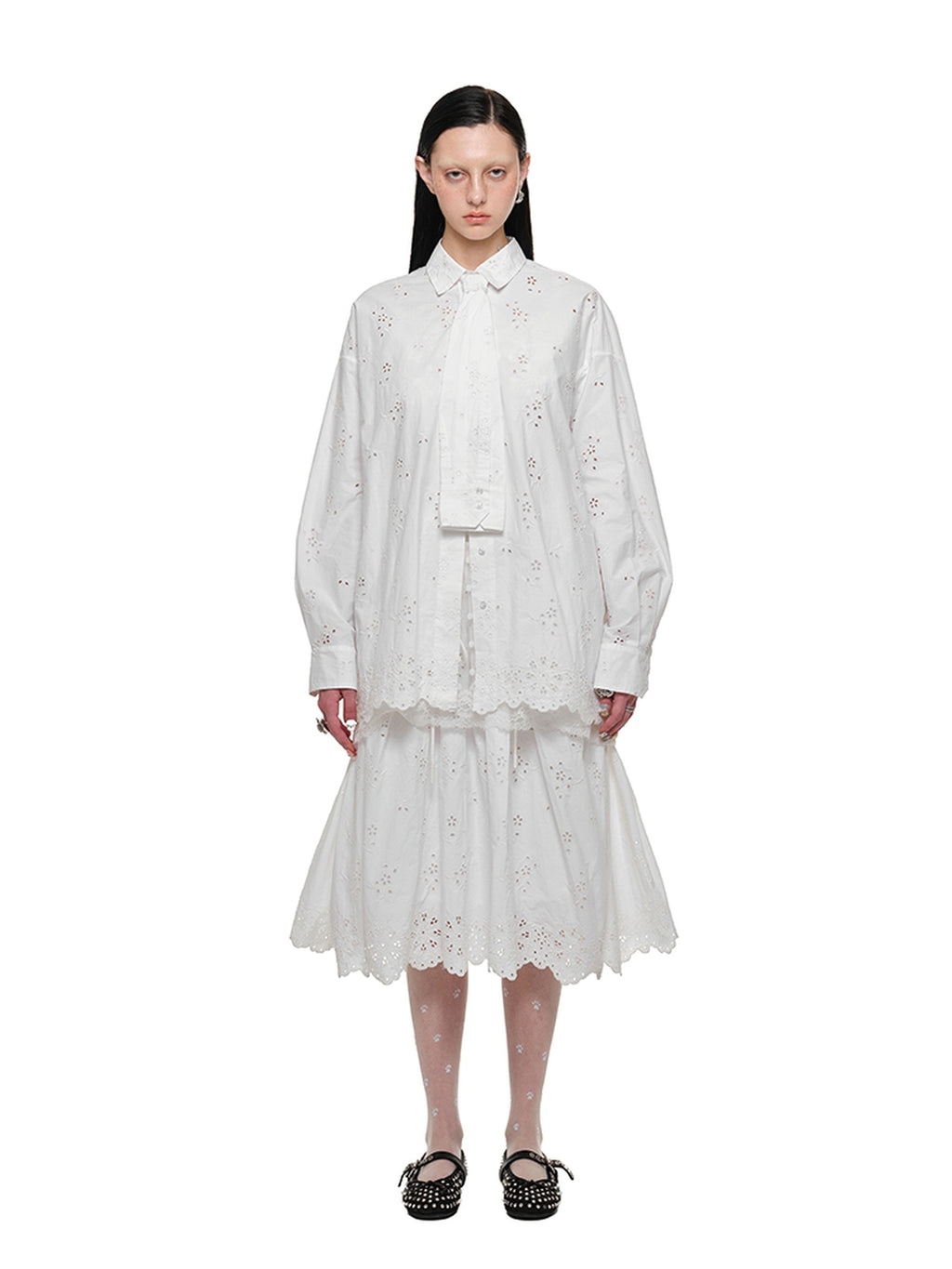 1JINN STUDIO High Waist Cotton Flared Slim Fit Workwear White Midi Skirts