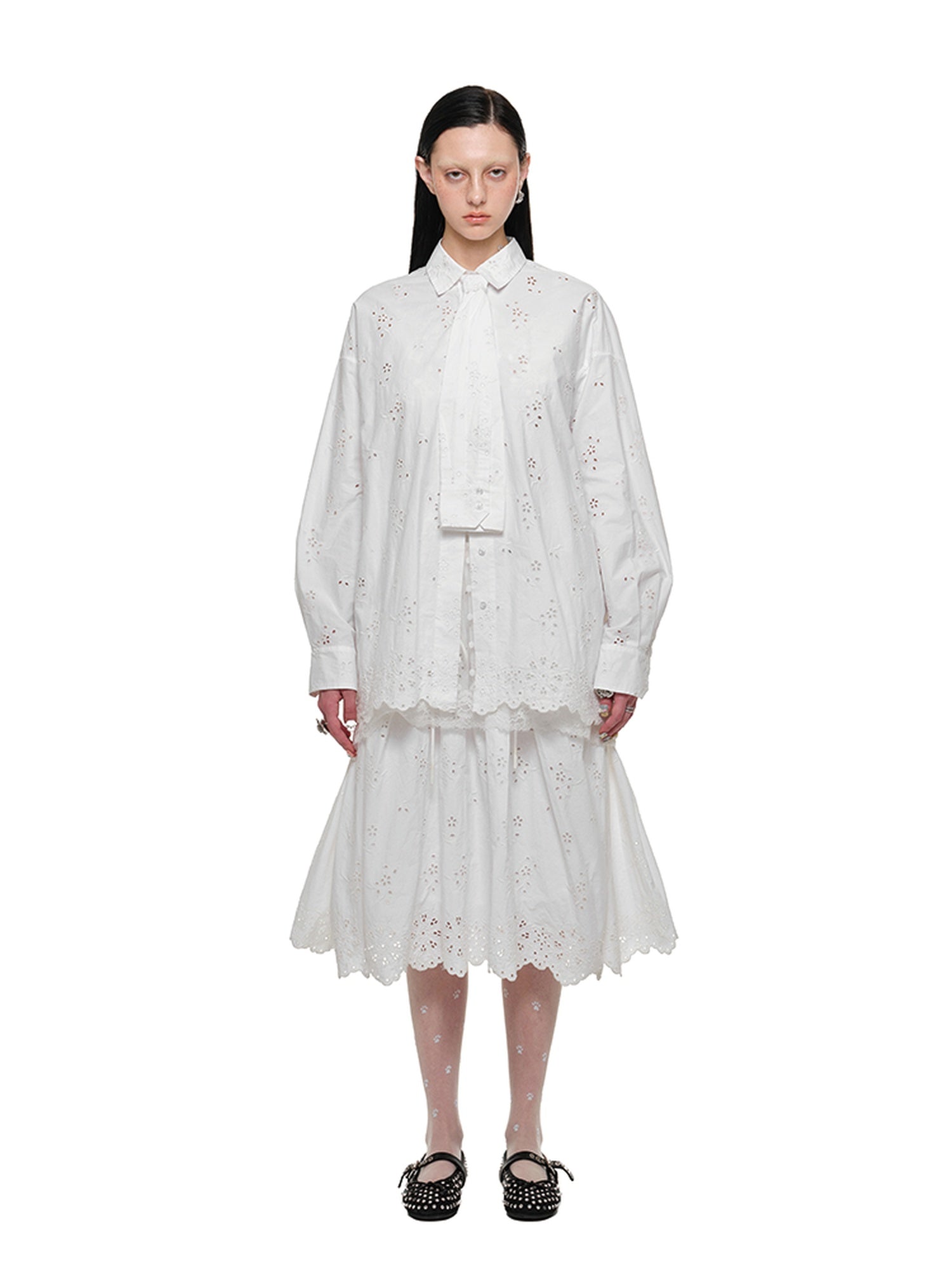1JINN STUDIO High Waist Cotton Flared Slim Fit Workwear White Midi Skirts