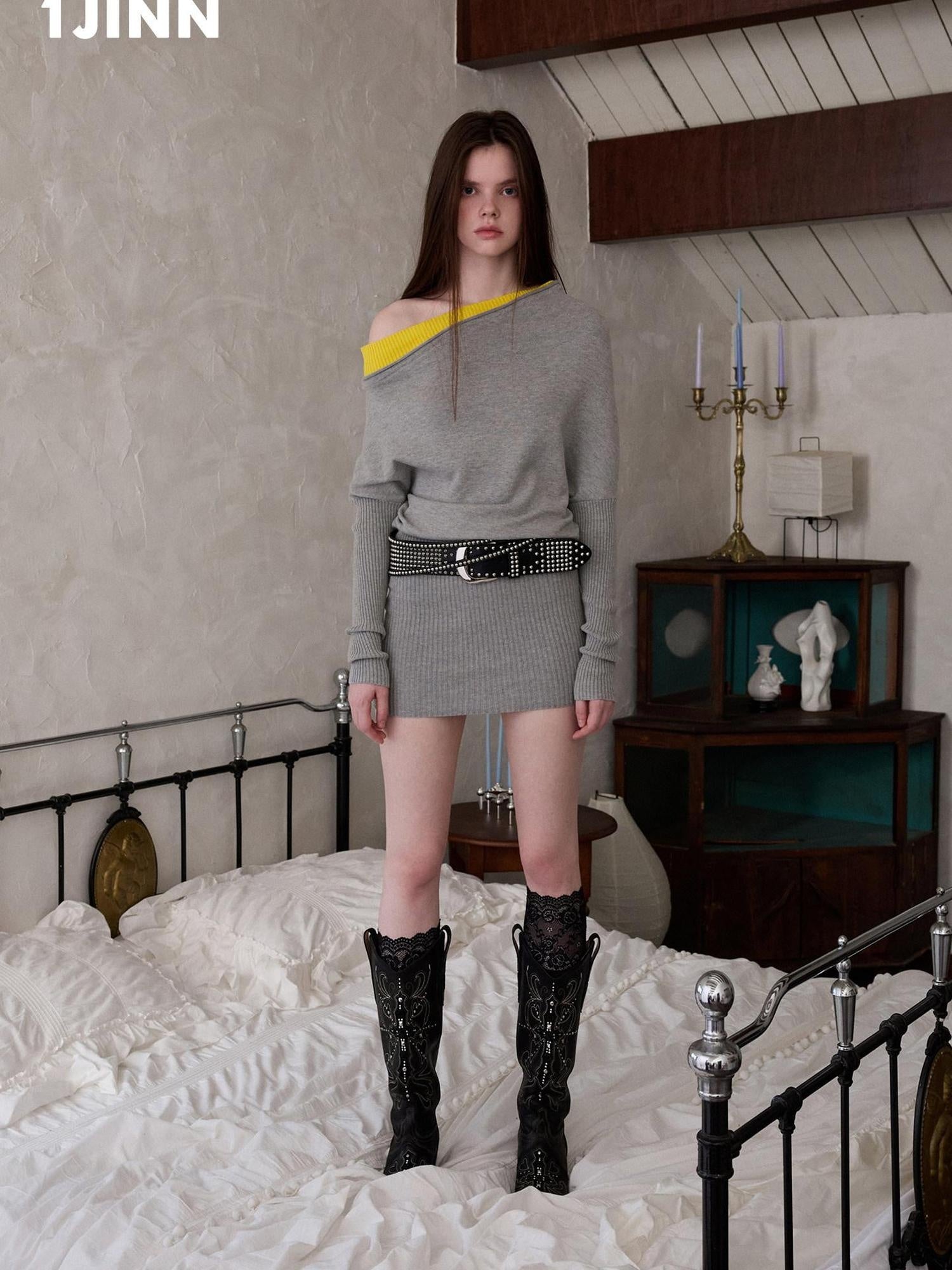 1JINN STUDIO High Waist Faux Layered A Line Asymmetry Long Sleeve Casual Cotton Mini Dresses