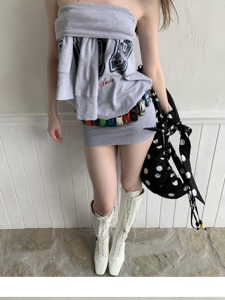 1JINN STUDIO High Waist Printed Bodycon Off Shoulder Long Sleeve Casual Mini Dresses