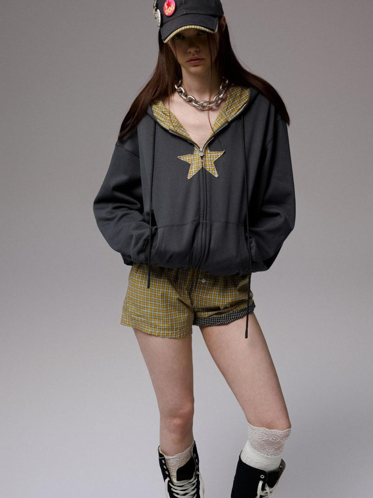 1JINN STUDIO High Waist Pure Cotton Button Casual Straight Cut Women Plaid Mini Shorts