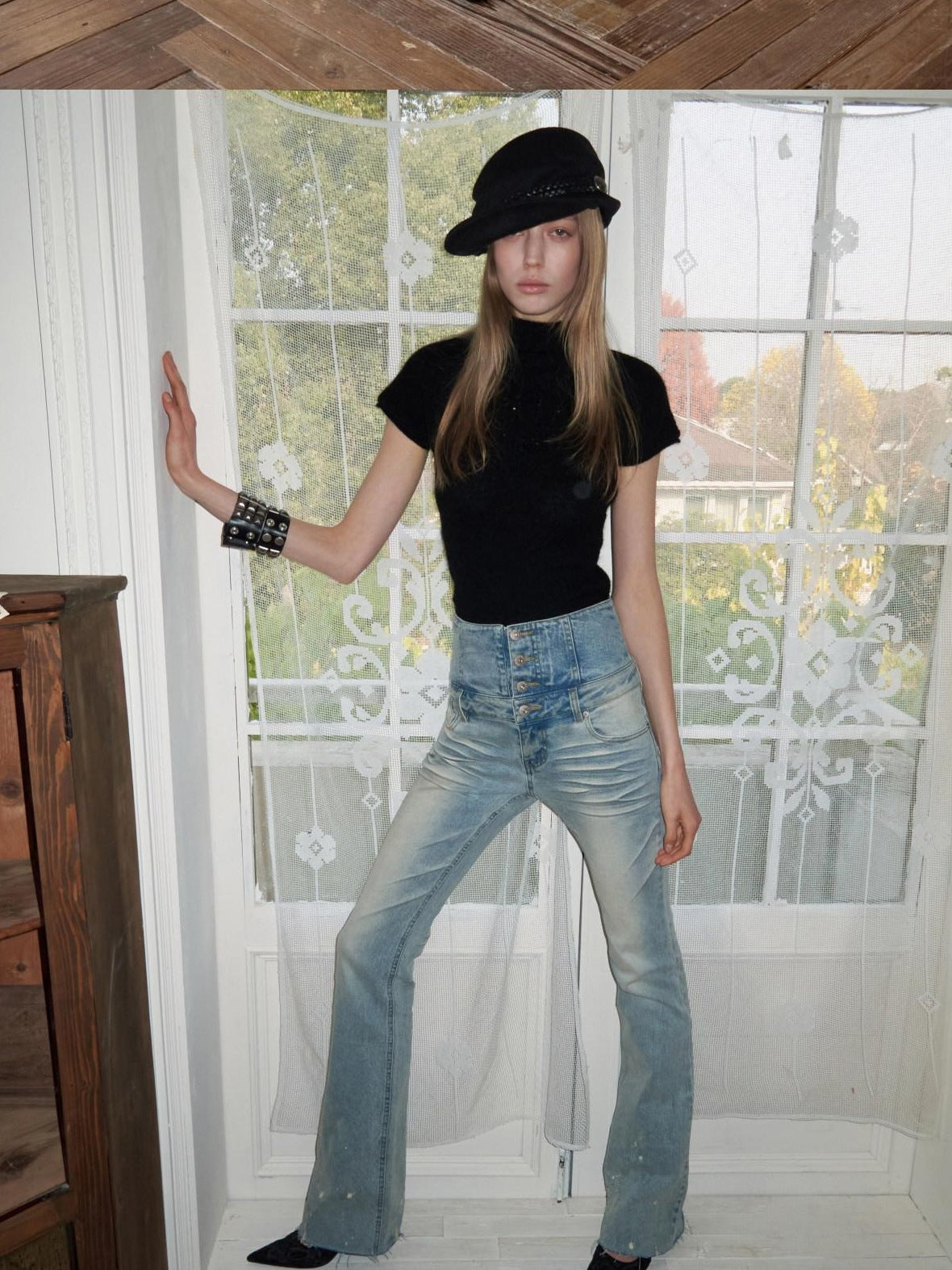 1JINN STUDIO High Waist Washed Vintage Tie Slim Women Button Closure Rigid Bootcut Jeans