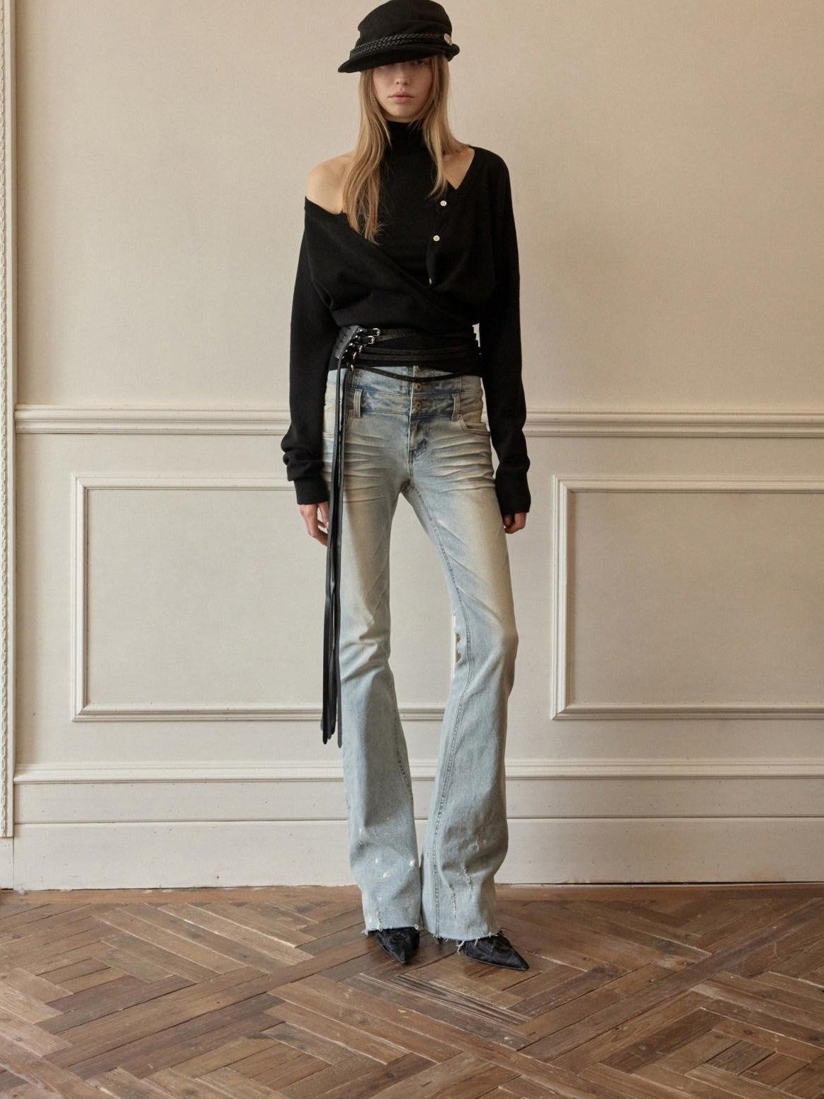 1JINN STUDIO High Waist Washed Vintage Tie Slim Women Button Closure Rigid Bootcut Jeans