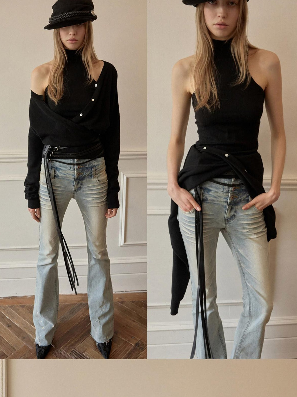1JINN STUDIO High Waist Washed Vintage Tie Slim Women Button Closure Rigid Bootcut Jeans