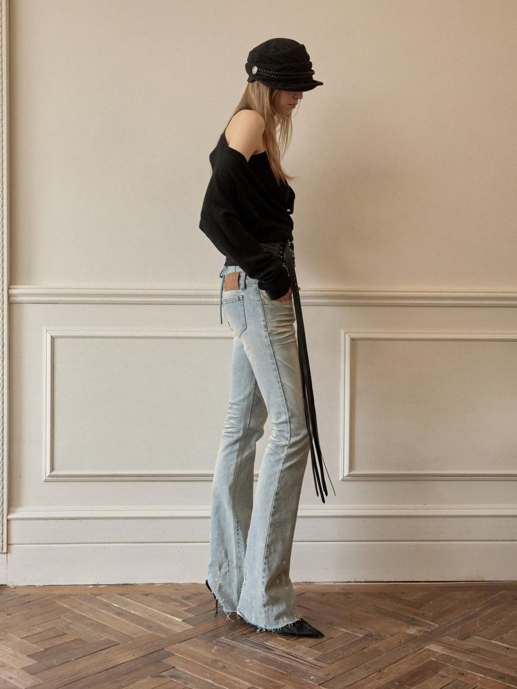 1JINN STUDIO High Waist Washed Vintage Tie Slim Women Button Closure Rigid Bootcut Jeans