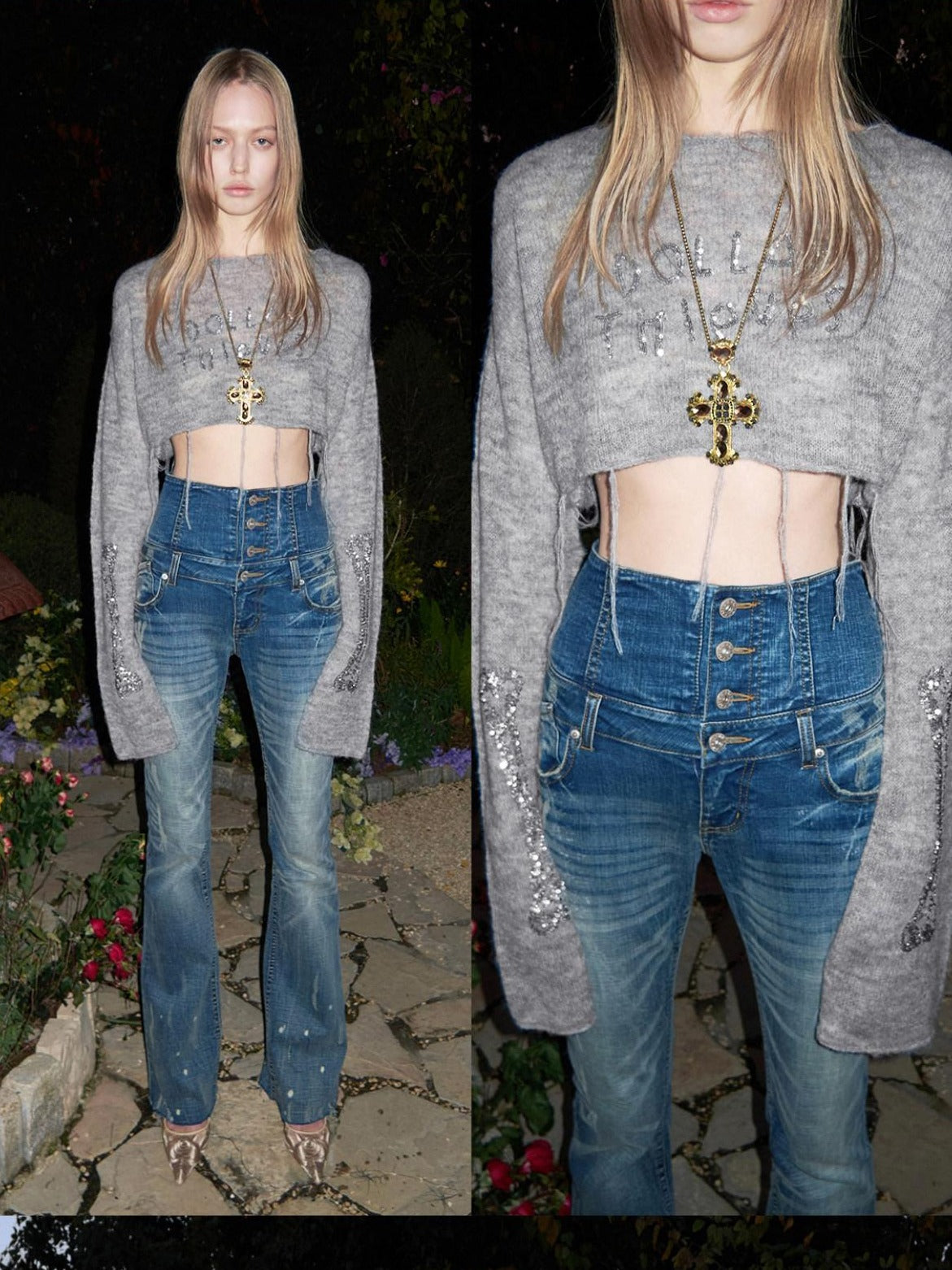 1JINN STUDIO High Waist Washed Vintage Tie Slim Women Button Closure Rigid Bootcut Jeans