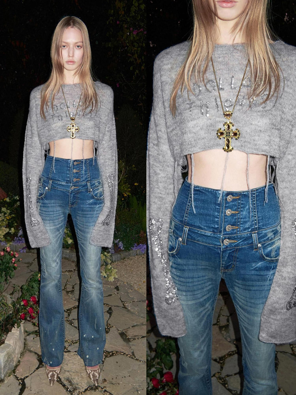 1JINN STUDIO High Waist Washed Vintage Tie Slim Women Button Closure Rigid Bootcut Jeans