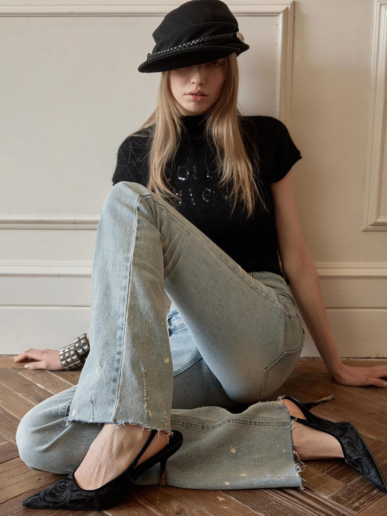 1JINN STUDIO High Waist Washed Vintage Tie Slim Women Button Closure Rigid Bootcut Jeans