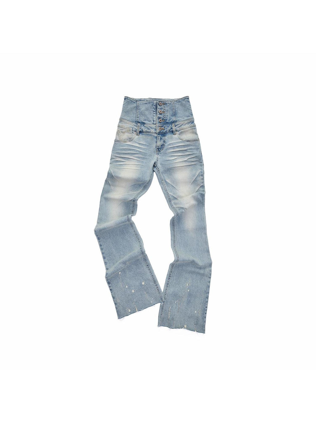 1JINN STUDIO High Waist Washed Vintage Tie Slim Women Button Closure Rigid Bootcut Jeans