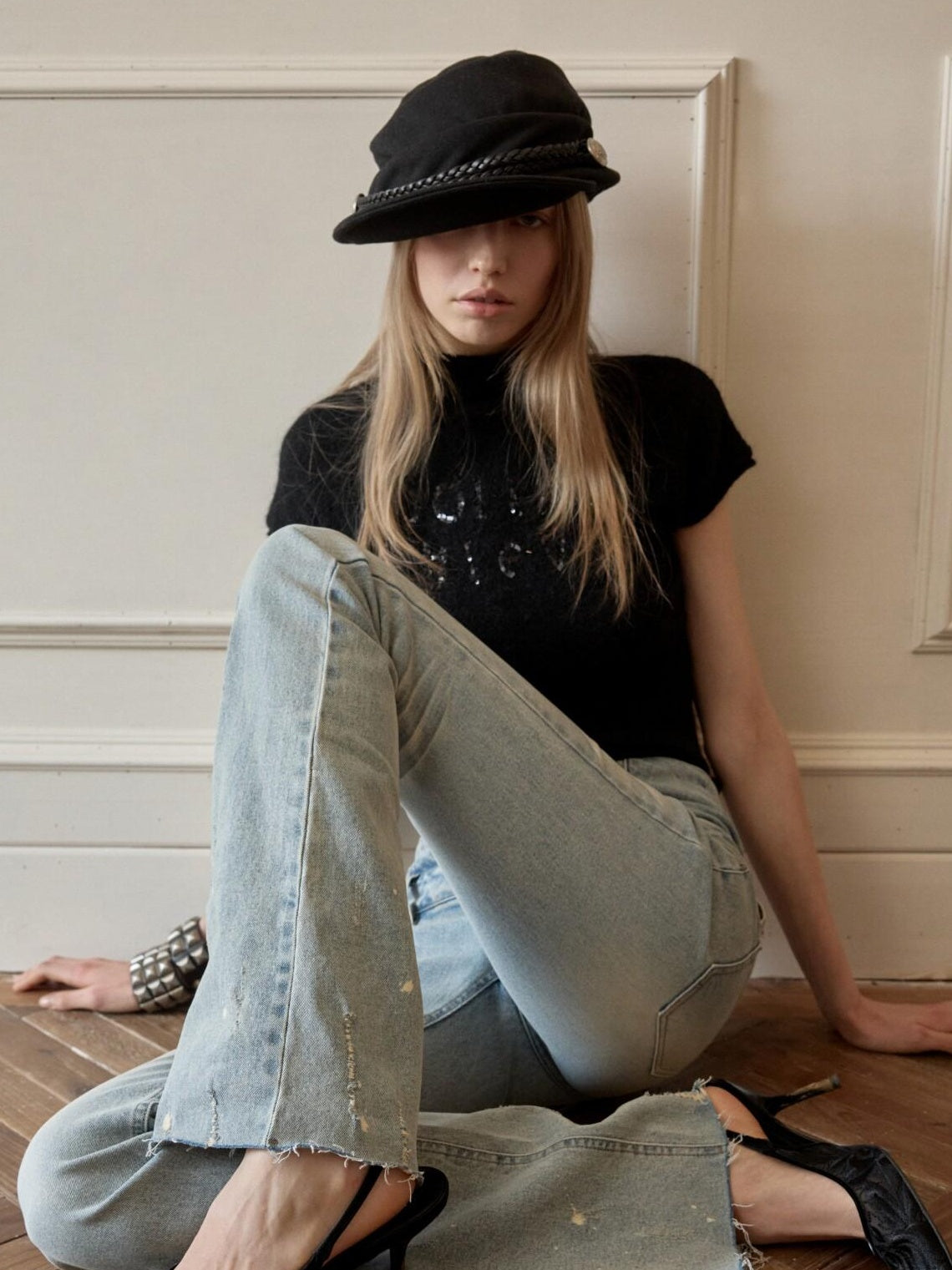 1JINN STUDIO High Waist Washed Vintage Tie Slim Women Button Closure Rigid Bootcut Jeans