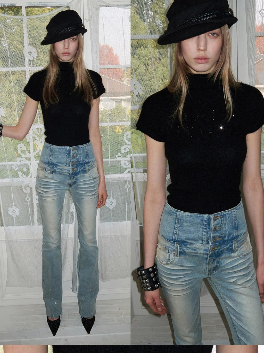 1JINN STUDIO High Waist Washed Vintage Tie Slim Women Button Closure Rigid Bootcut Jeans