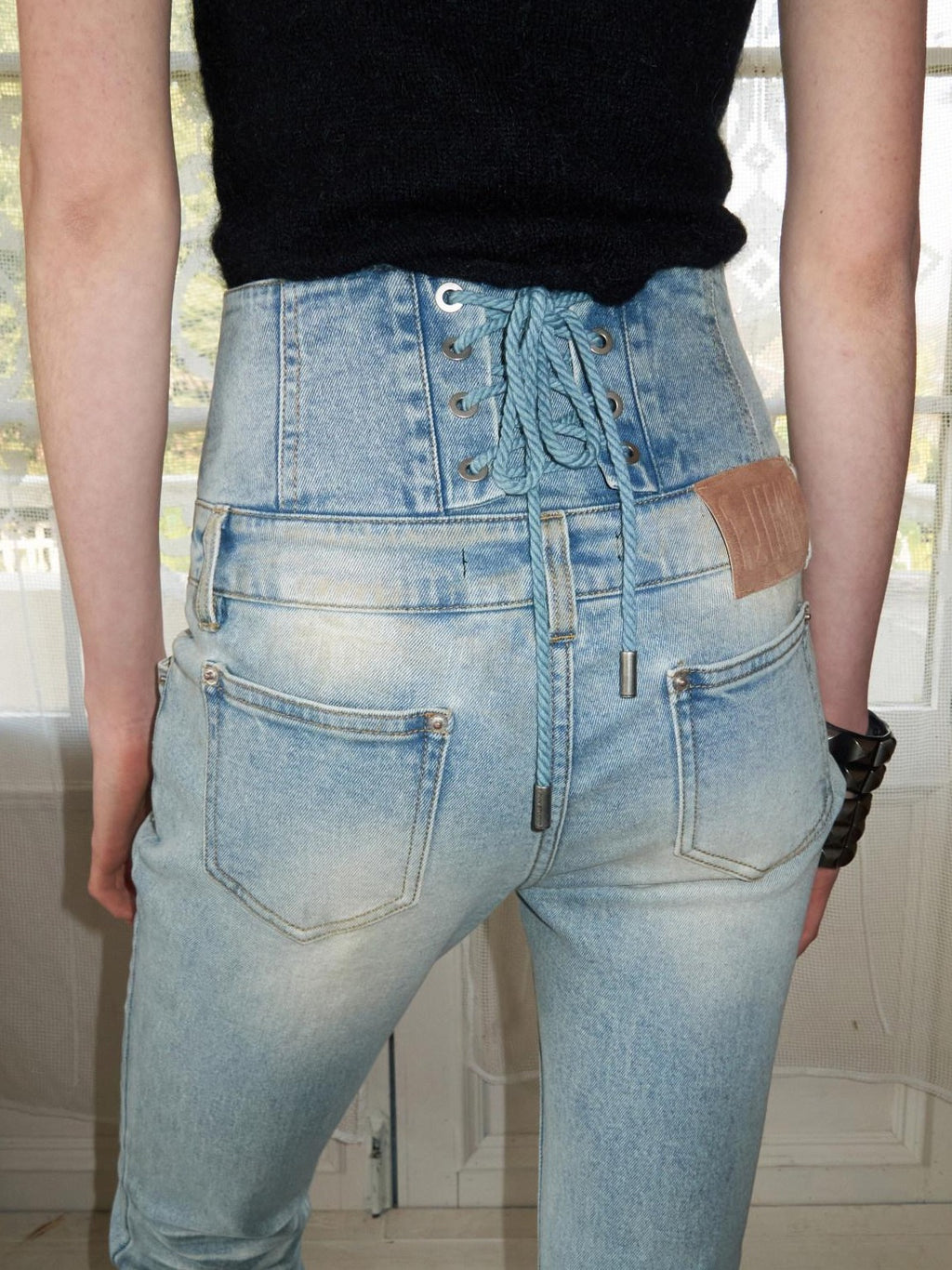 1JINN STUDIO High Waist Washed Vintage Tie Slim Women Button Closure Rigid Bootcut Jeans
