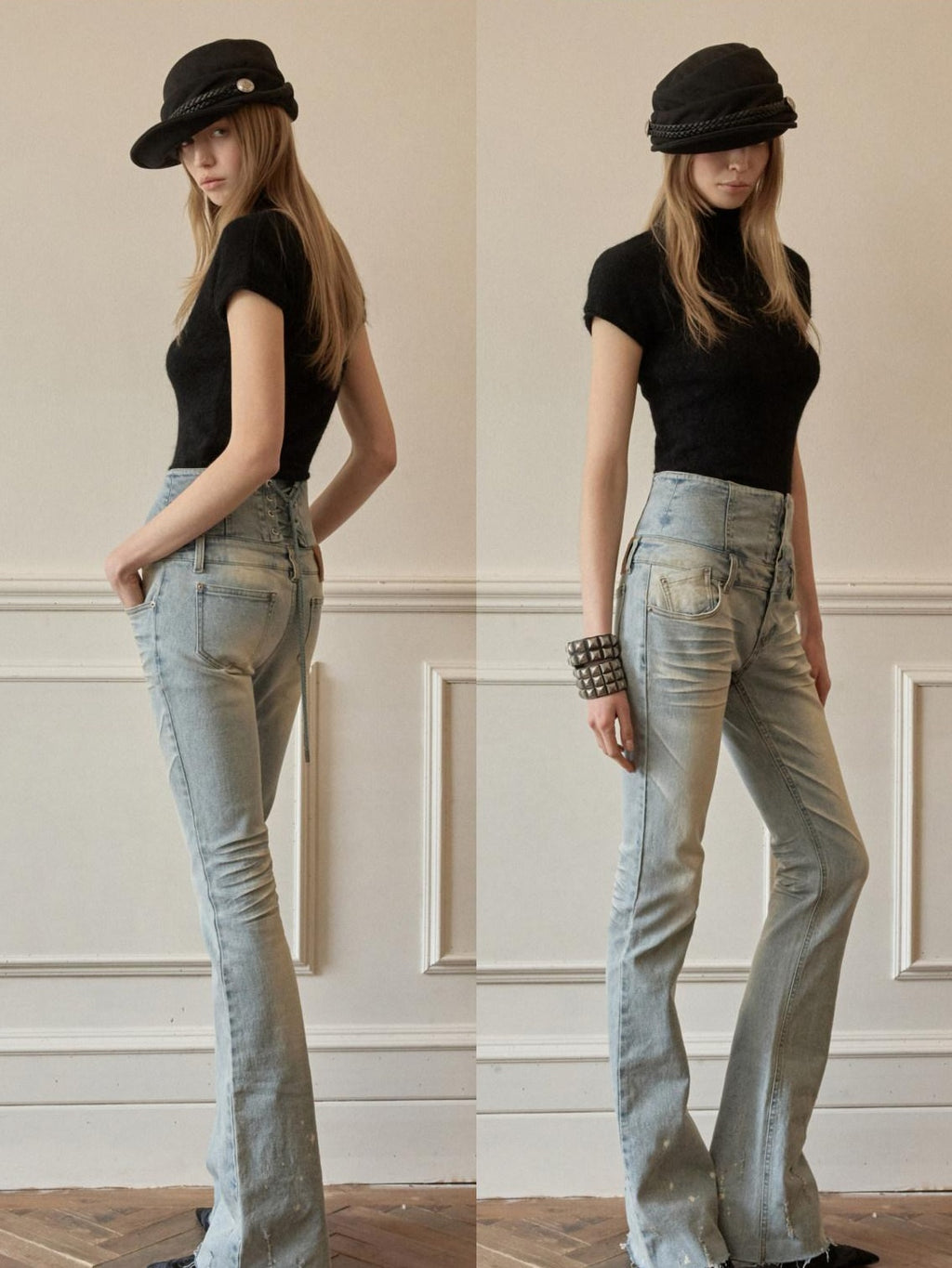 1JINN STUDIO High Waist Washed Vintage Tie Slim Women Button Closure Rigid Bootcut Jeans