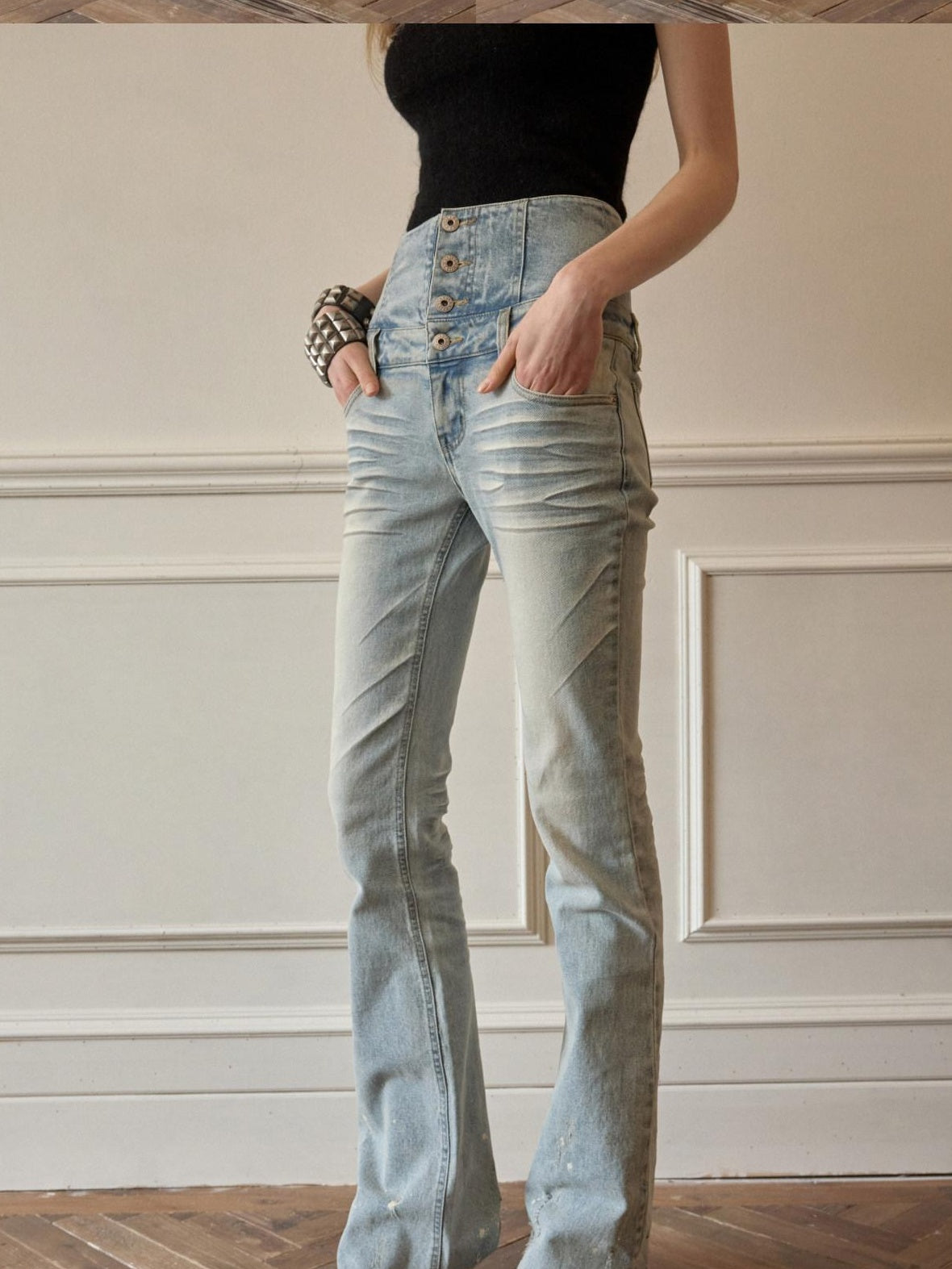 1JINN STUDIO High Waist Washed Vintage Tie Slim Women Button Closure Rigid Bootcut Jeans