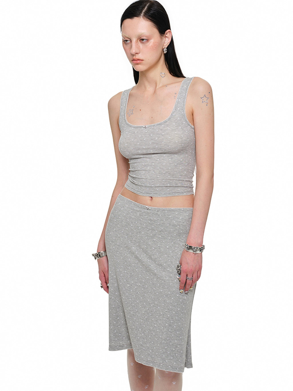 1JINN STUDIO Hollowout Office Classic Womens Polka Dot Stretch Viscose Midi Skirts