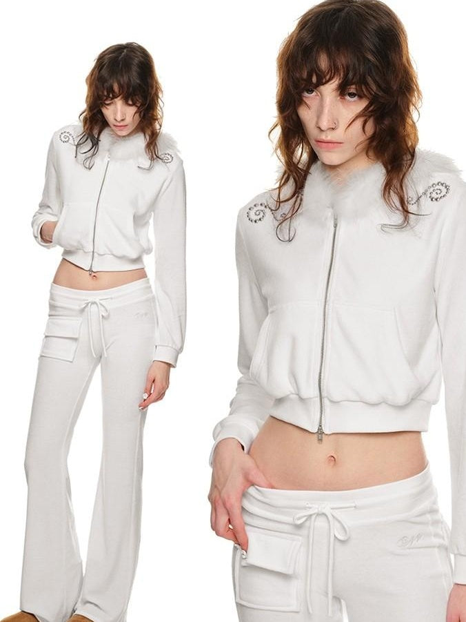 1JINN STUDIO Hooded Zip Cropped Top Slim Long Pants Casual Women Lounge Top & Pants Sets