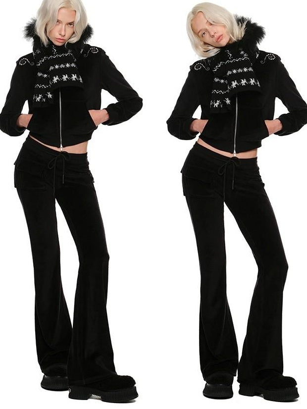 1JINN STUDIO Hooded Zip Cropped Top Slim Long Pants Casual Women Lounge Top & Pants Sets