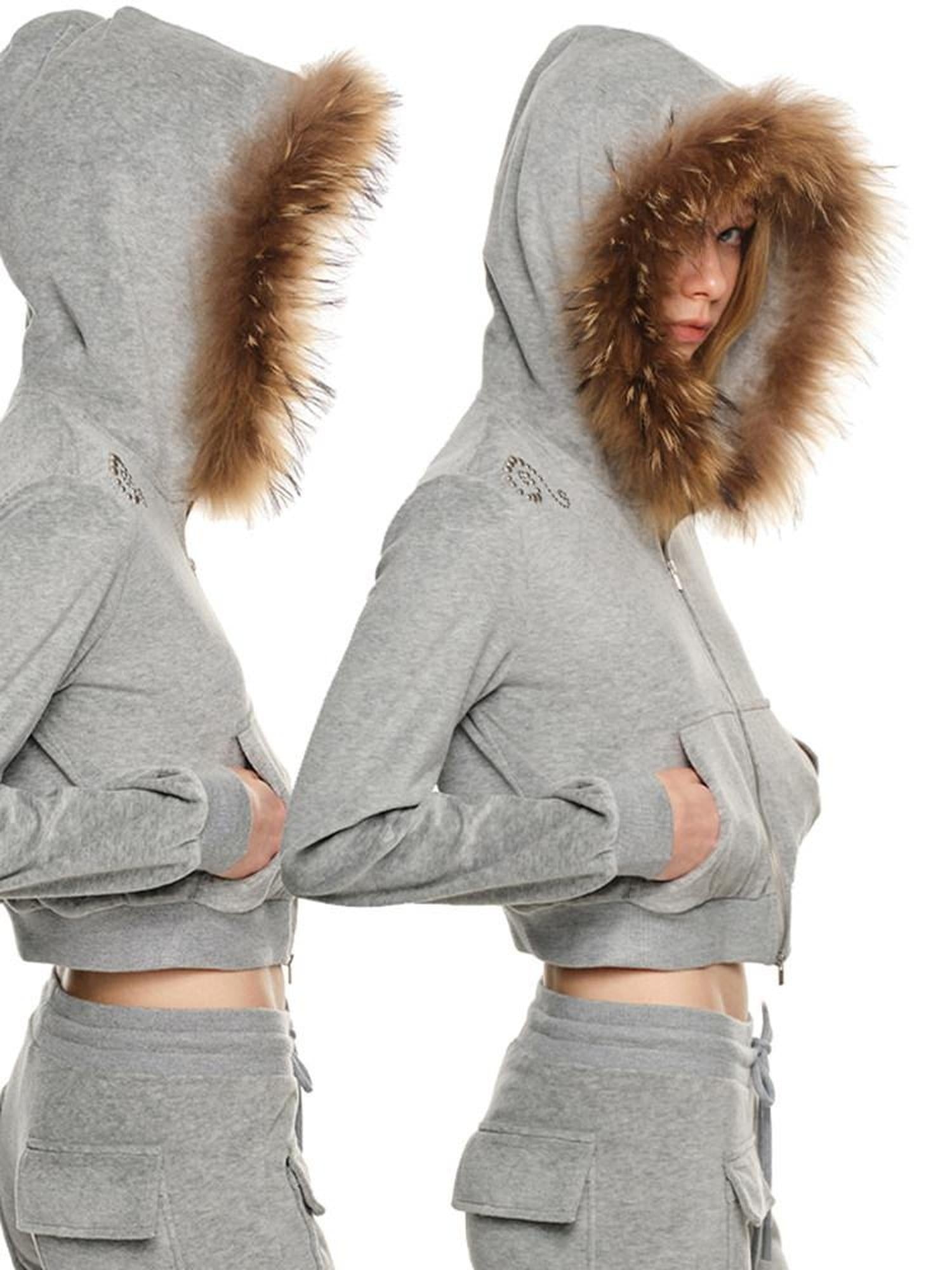 1JINN STUDIO Hooded Zip Cropped Top Slim Long Pants Casual Women Lounge Top & Pants Sets
