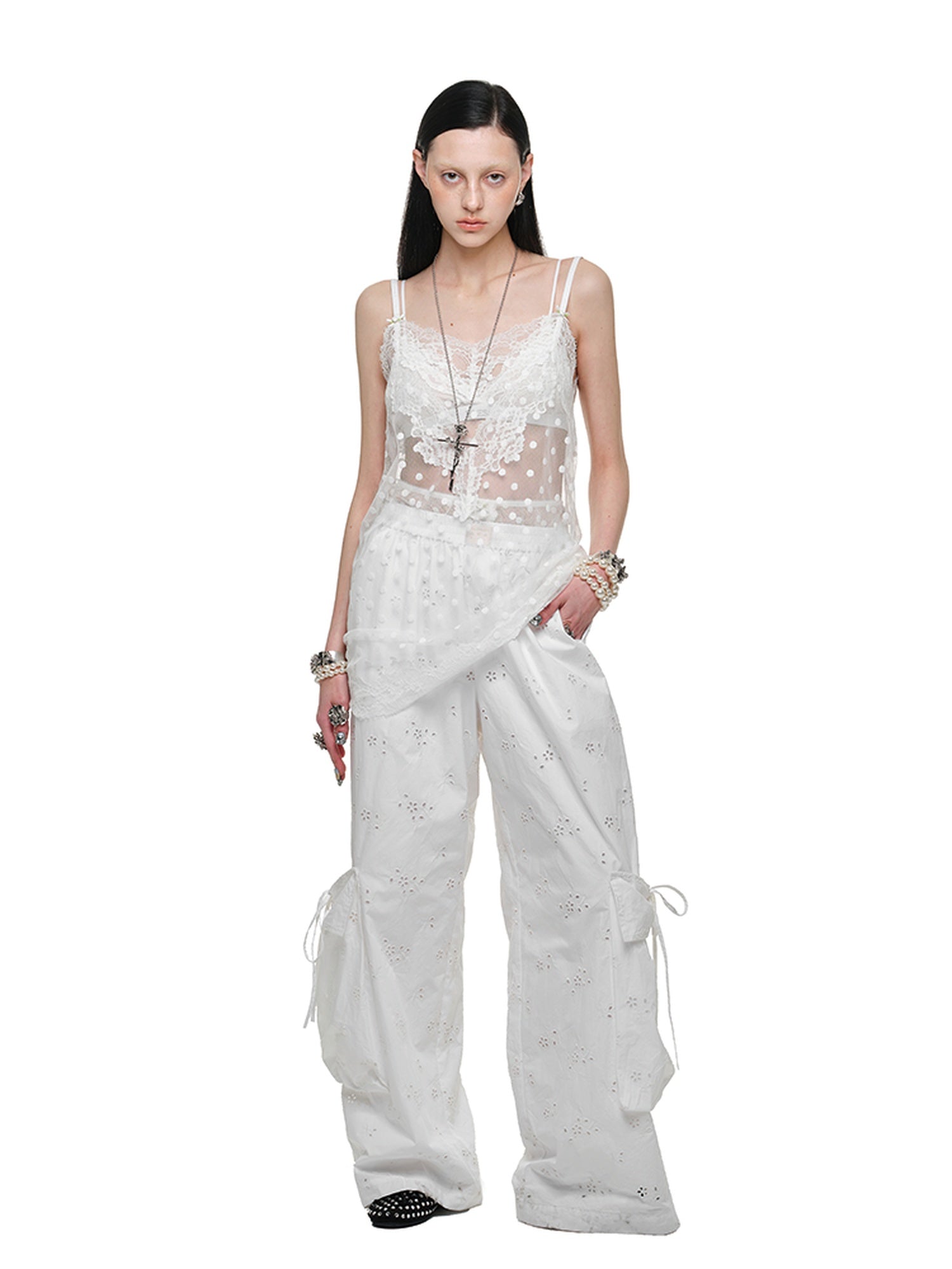 1JINN STUDIO Jacquard Pocket Office Workwear Natural Waist Women Wide Leg Pants