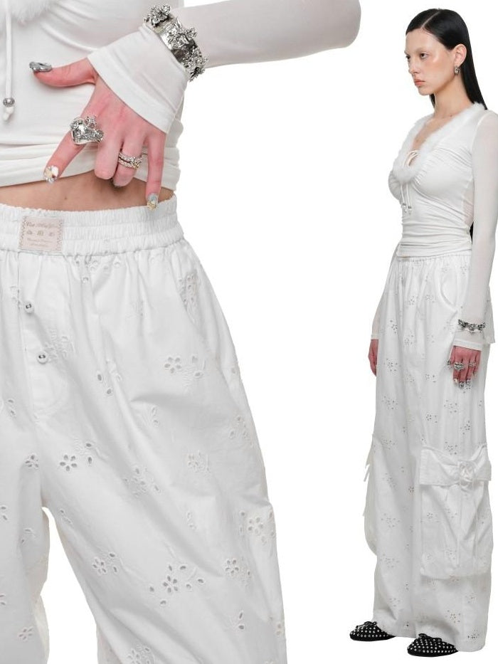 1JINN STUDIO Jacquard Pocket Office Workwear Natural Waist Women Wide Leg Pants