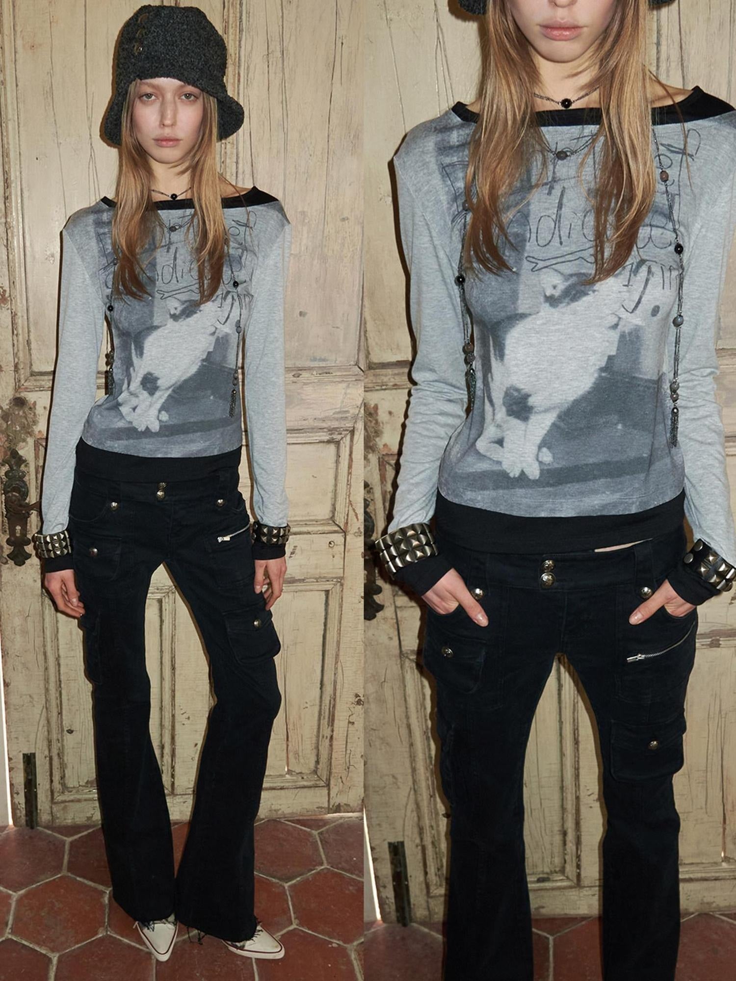 1JINN STUDIO Knit British Slim Fit Boat Neck Women Letter Print Long Sleeve T-Shirts