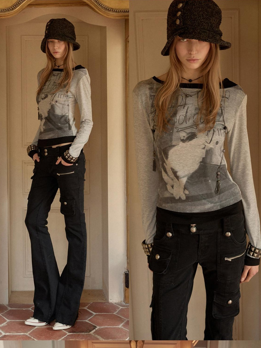 1JINN STUDIO Knit British Slim Fit Boat Neck Women Letter Print Long Sleeve T-Shirts