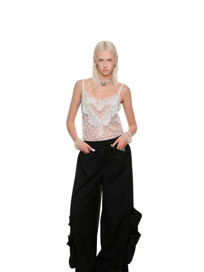 1JINN STUDIO Lace High Waist Spaghetti Strap Office Casual Women Polyester Mini Dresses