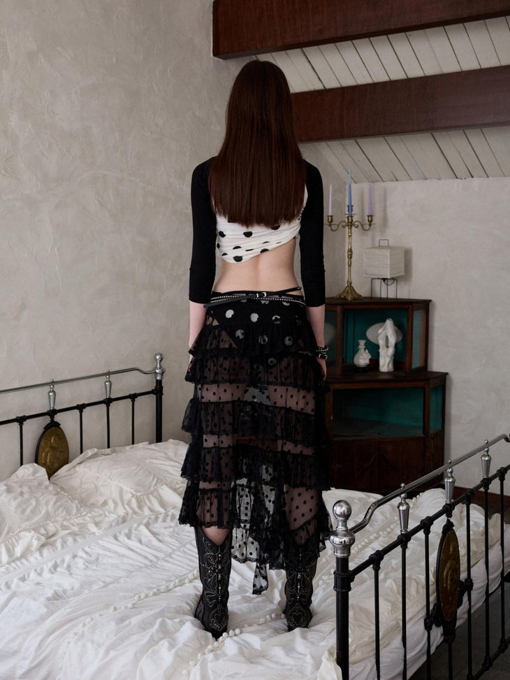 1JINN STUDIO Lace Low Waist Slim Fit Casual Women Polyester Tiered Maxi Skirts