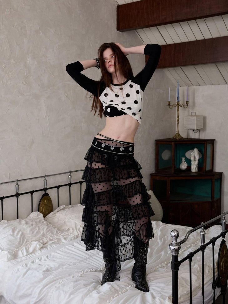 1JINN STUDIO Lace Low Waist Slim Fit Casual Women Polyester Tiered Maxi Skirts