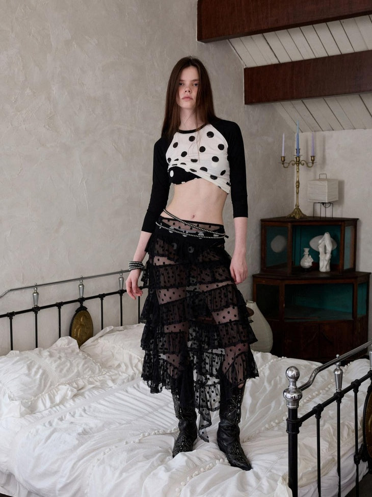 1JINN STUDIO Lace Low Waist Slim Fit Casual Women Polyester Tiered Maxi Skirts