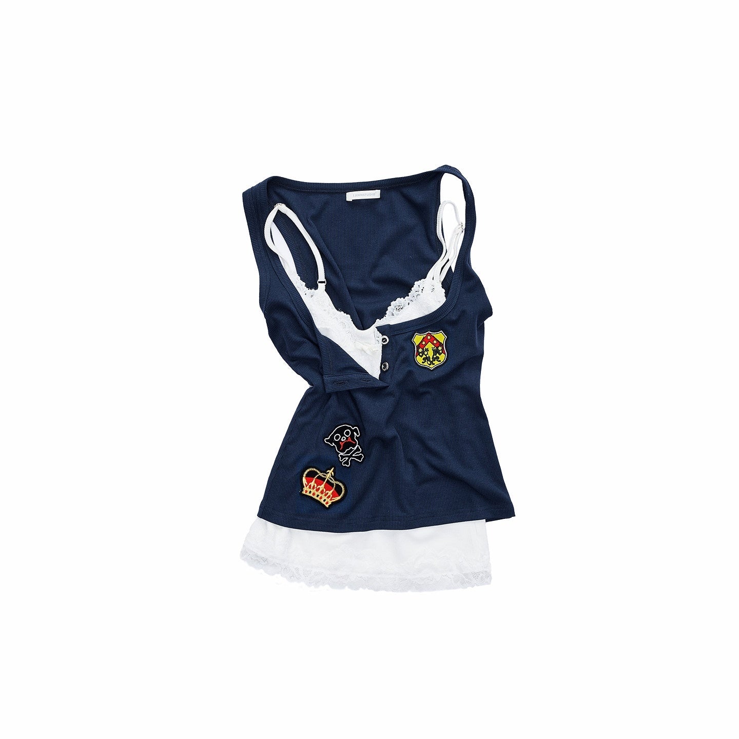 1JINN_STUDIO_Lace_Slim_U_Neck_Button_Short_Logo_Casual_Women_Black_Navy_Tank_Tops_MISSTT
