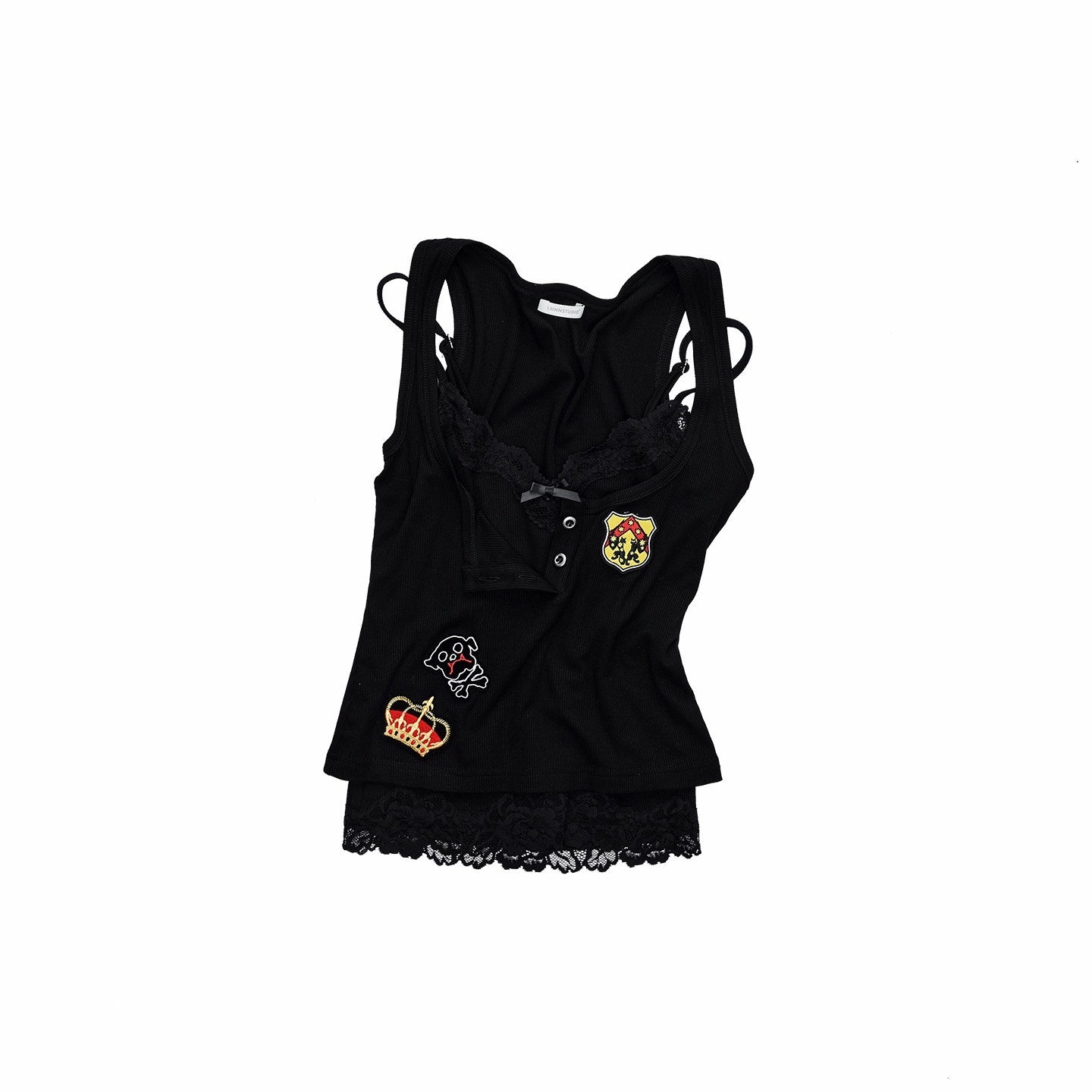 1JINN_STUDIO_Lace_Slim_U_Neck_Button_Short_Logo_Casual_Women_Black_Navy_Tank_Tops_MISSTT