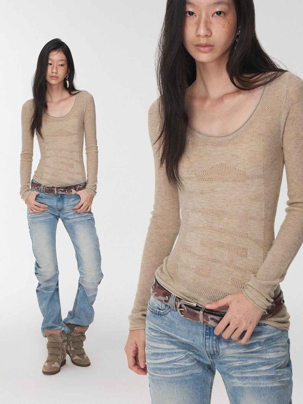 1JINN STUDIO Layering Slim Fit Crew Neck Women Solid Black Camel Olive Long Sleeve T-Shirts