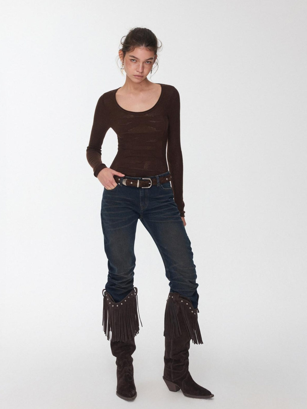 1JINN STUDIO Layering Slim Fit Crew Neck Women Solid Black Camel Olive Long Sleeve T-Shirts