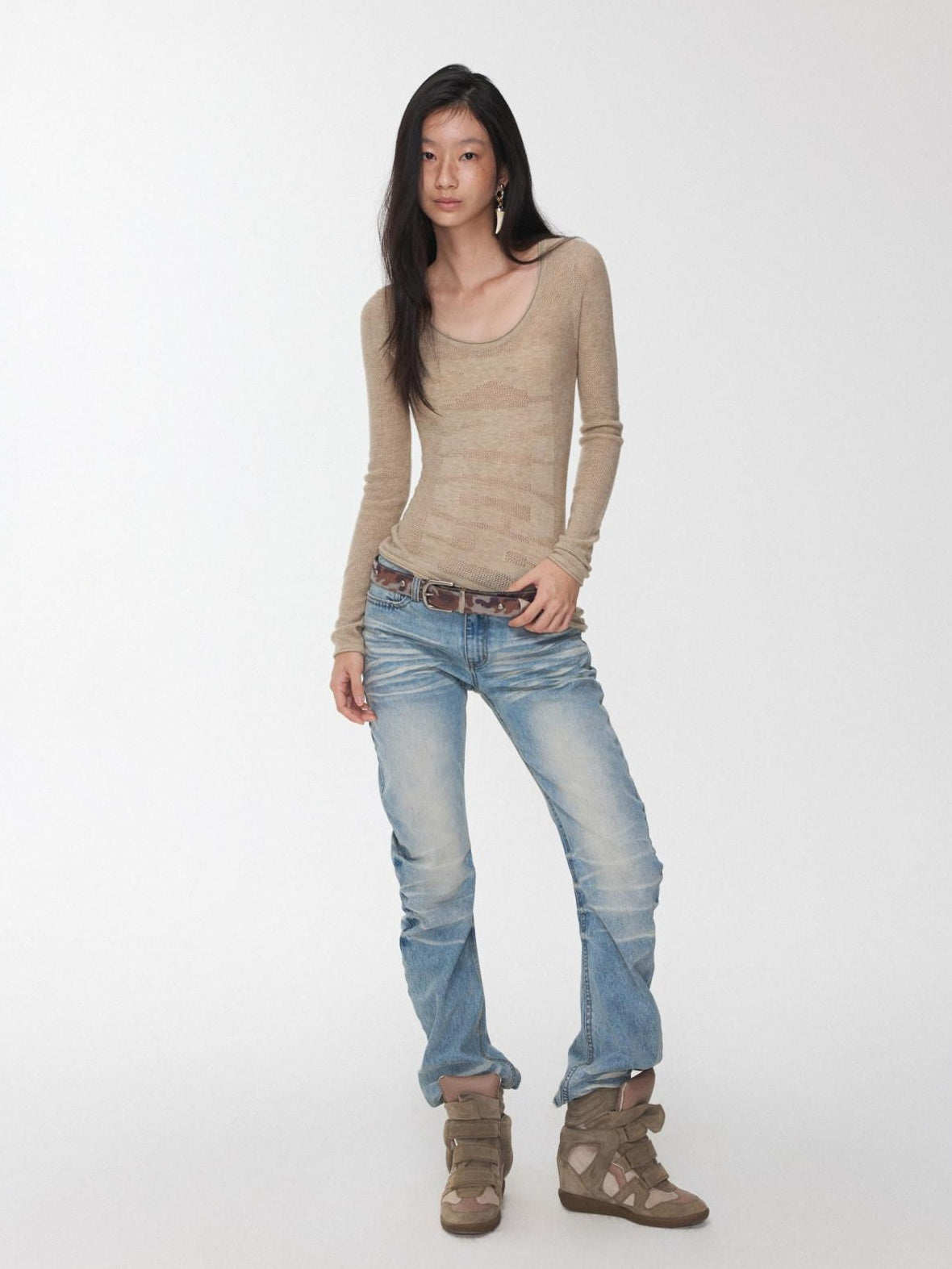 1JINN STUDIO Layering Slim Fit Crew Neck Women Solid Black Camel Olive Long Sleeve T-Shirts