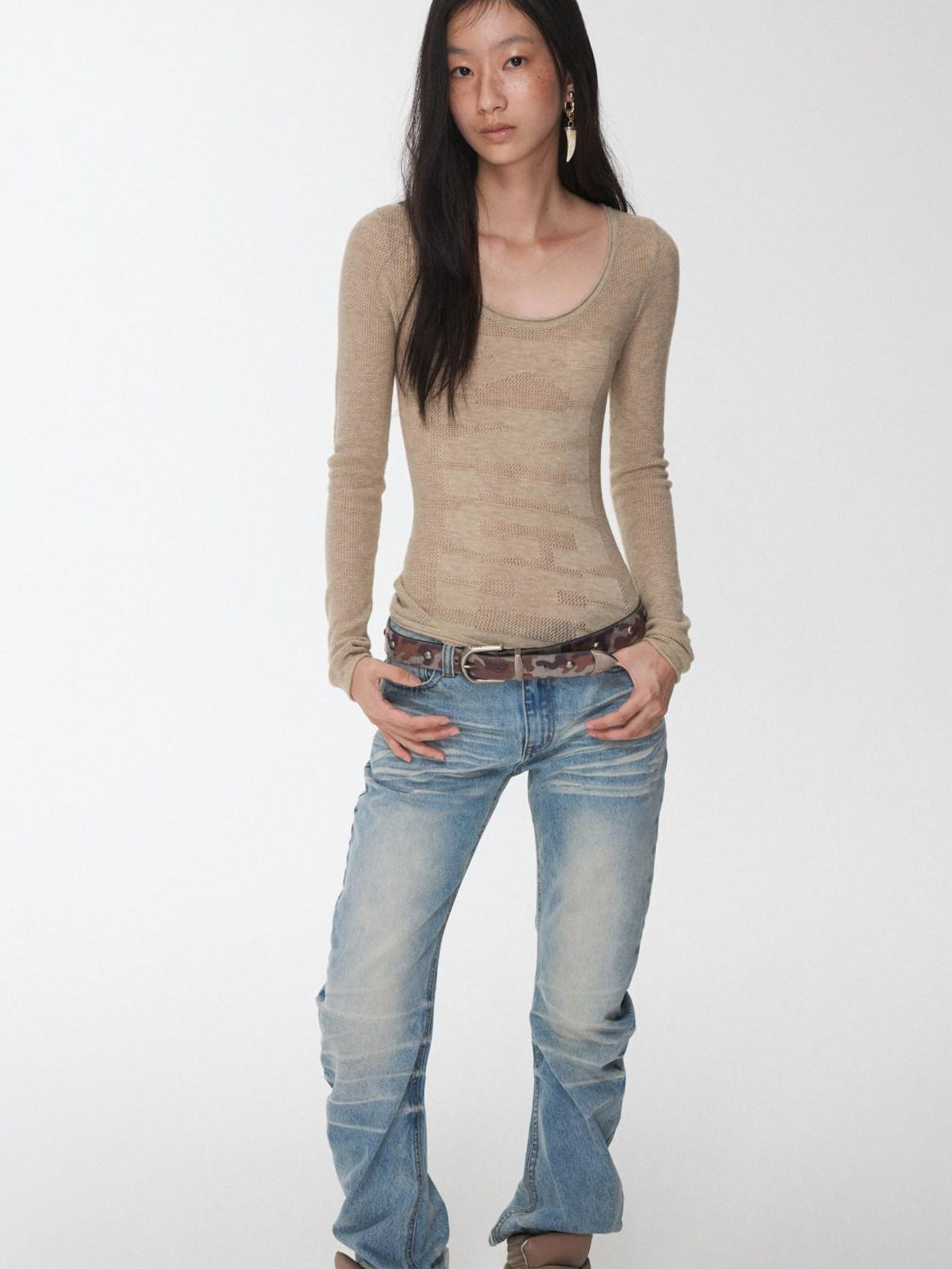1JINN STUDIO Layering Slim Fit Crew Neck Women Solid Black Camel Olive Long Sleeve T-Shirts