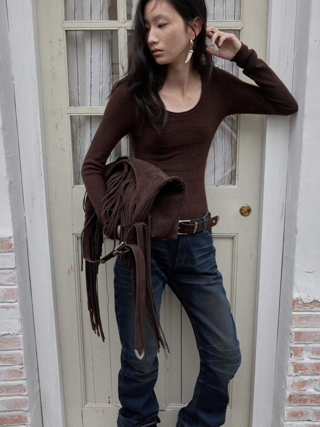 1JINN STUDIO Layering Slim Fit Crew Neck Women Solid Black Camel Olive Long Sleeve T-Shirts
