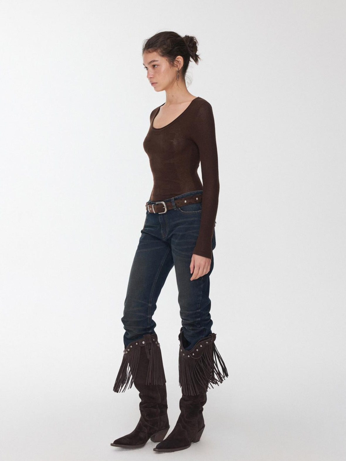 1JINN STUDIO Layering Slim Fit Crew Neck Women Solid Black Camel Olive Long Sleeve T-Shirts