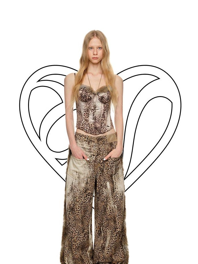 1JINN STUDIO Leopard Patchwork Low Waist Street Style Womens Casual Wide Leg Pants