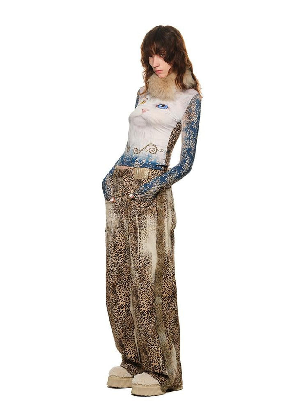 1JINN STUDIO Leopard Patchwork Low Waist Street Style Womens Casual Wide Leg Pants